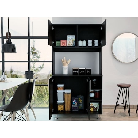 Tuhome 95 Pantry Kit, Four Legs, Double Door Cabinet, Three Shelves, Black ALW5577